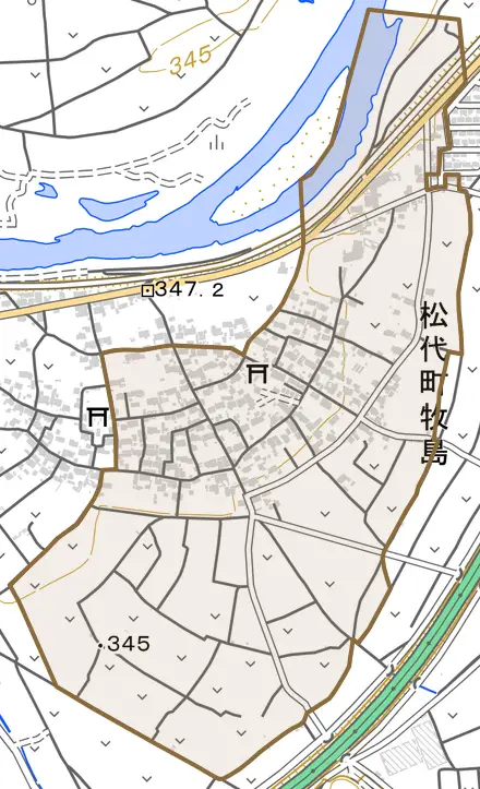 松代町牧島とその周辺の地図。町の範囲を重ねている