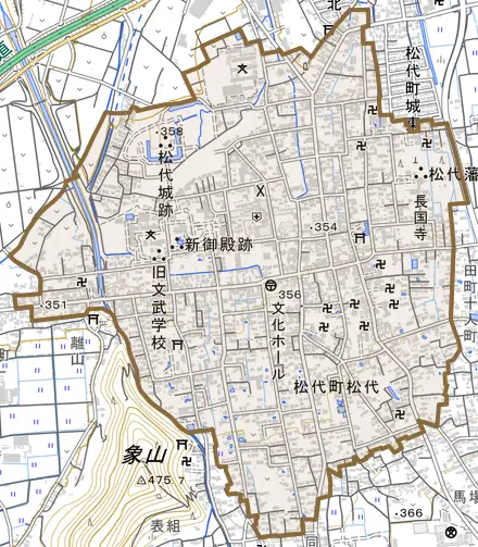 松代町松代とその周辺の地図。町の範囲を重ねている