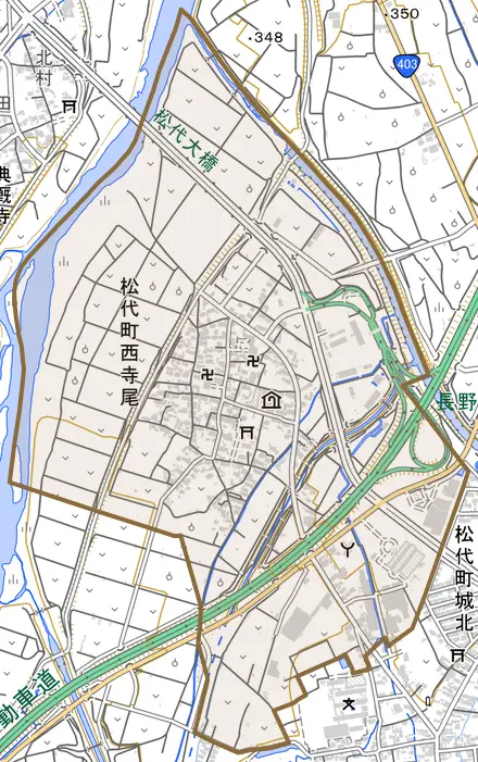 松代町西寺尾とその周辺の地図。町の範囲を重ねている