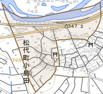 松代町小島田とその周辺の地図。町の範囲を重ねている