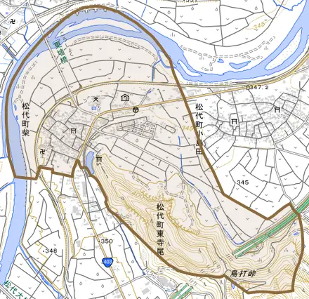 松代町柴とその周辺の地図。町の範囲を重ねている
