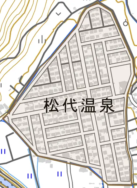 松代温泉とその周辺の地図。町の範囲を重ねている