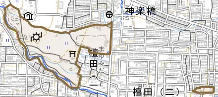 大字檀田とその周辺の地図。町の範囲を重ねている