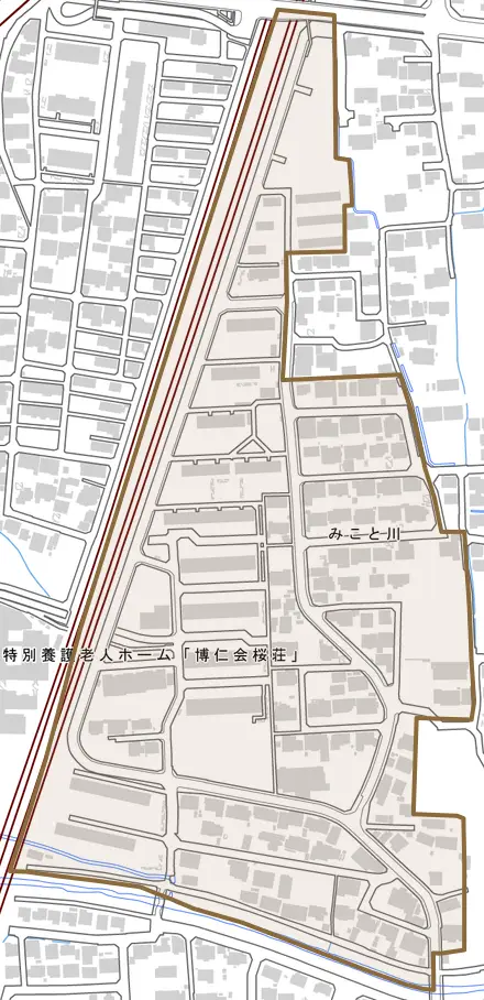 みこと川とその周辺の地図。町の範囲を重ねている