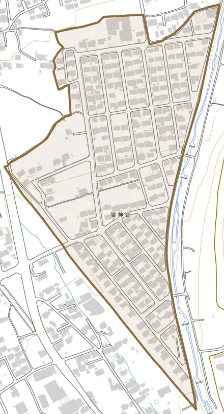 皆神台とその周辺の地図。町の範囲を重ねている