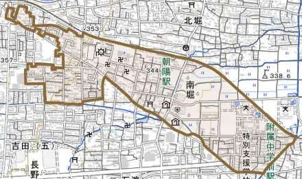 大字南堀とその周辺の地図。町の範囲を重ねている