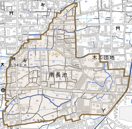 大字南長池とその周辺の地図。町の範囲を重ねている