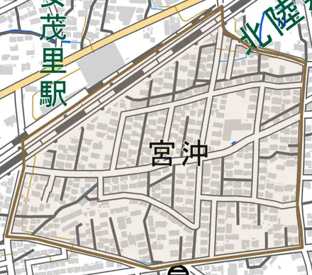 宮沖とその周辺の地図。町の範囲を重ねている