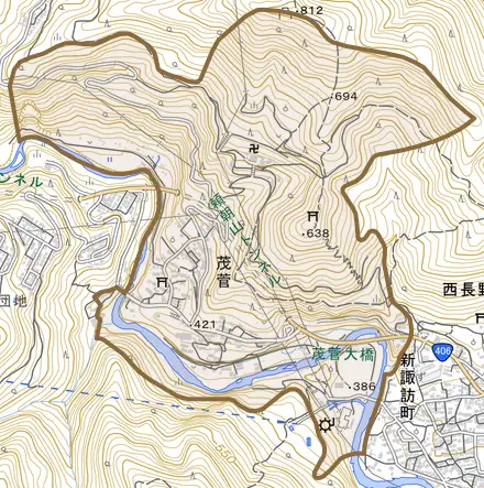 大字茂菅とその周辺の地図。町の範囲を重ねている