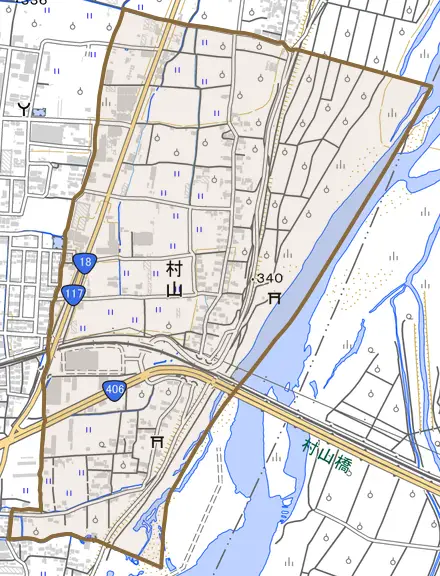 大字村山とその周辺の地図。町の範囲を重ねている