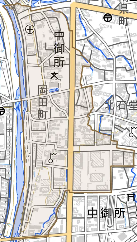 大字中御所とその周辺の地図。町の範囲を重ねている