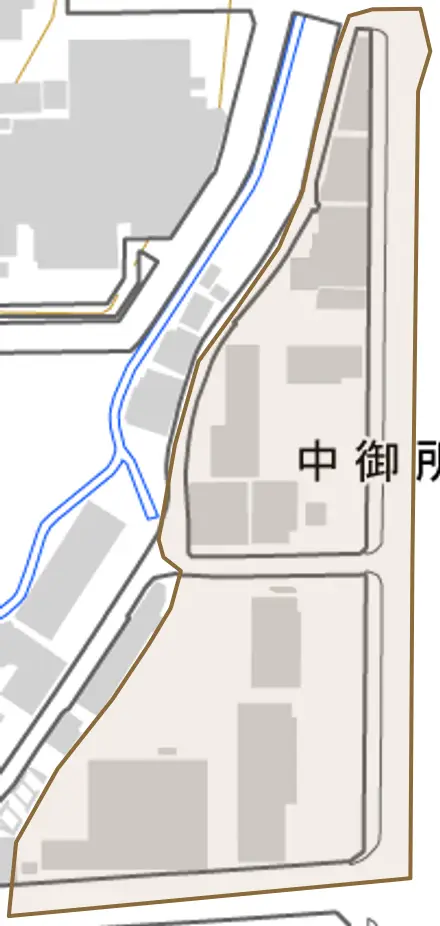 中御所町とその周辺の地図。町の範囲を重ねている