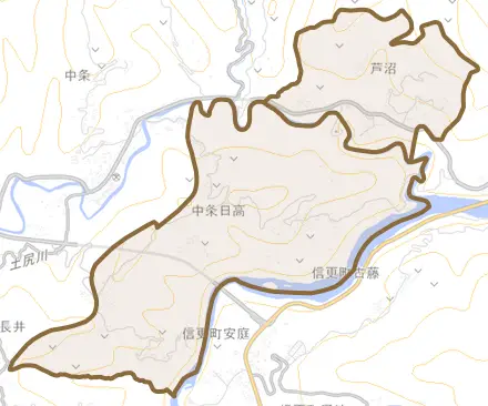 中条日高とその周辺の地図。町の範囲を重ねている