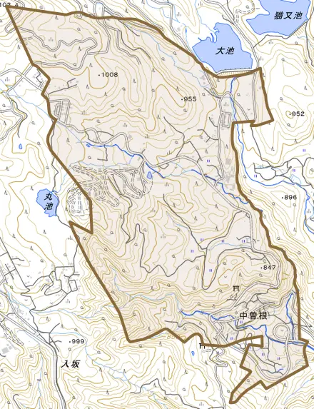 中曽根とその周辺の地図。町の範囲を重ねている