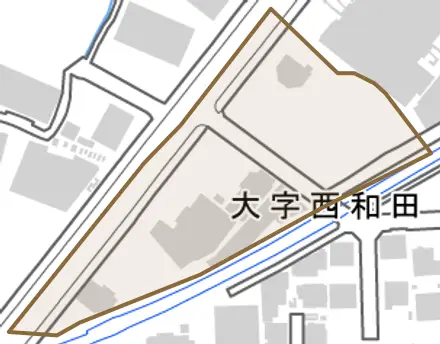 大字西和田とその周辺の地図。町の範囲を重ねている