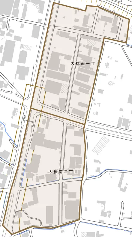 大橋南とその周辺の地図。町の範囲を重ねている