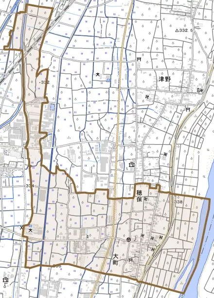 大字大町とその周辺の地図。町の範囲を重ねている