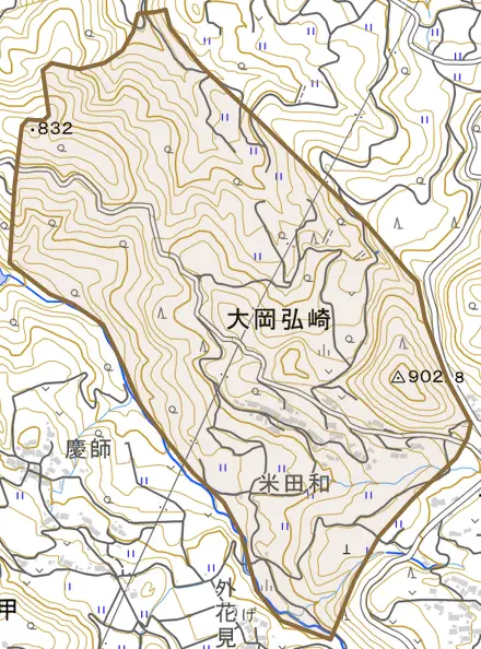 大岡弘崎とその周辺の地図。町の範囲を重ねている