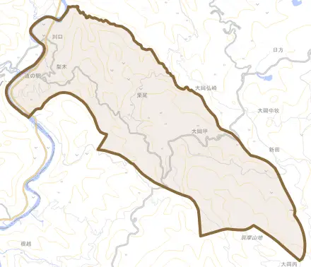 大岡甲とその周辺の地図。町の範囲を重ねている