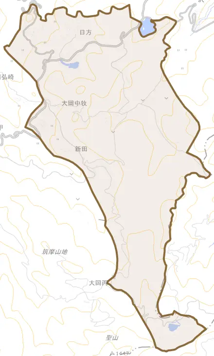 大岡中牧とその周辺の地図。町の範囲を重ねている
