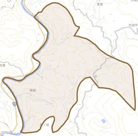 大岡乙とその周辺の地図。町の範囲を重ねている