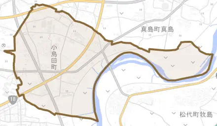 小島田町とその周辺の地図。町の範囲を重ねている