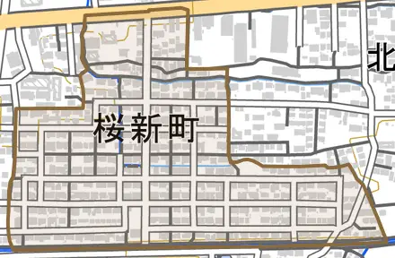 桜新町とその周辺の地図。町の範囲を重ねている
