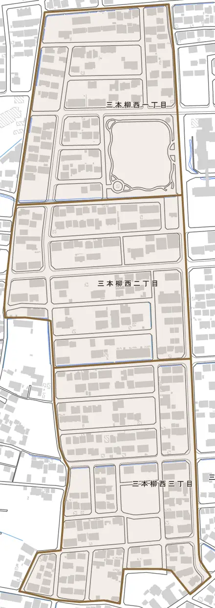 三本柳西とその周辺の地図。町の範囲を重ねている
