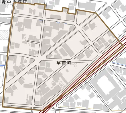 早苗町とその周辺の地図。町の範囲を重ねている