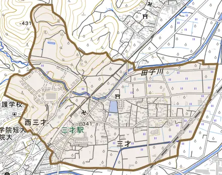 大字三才とその周辺の地図。町の範囲を重ねている