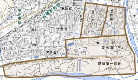 差出南とその周辺の地図。町の範囲を重ねている