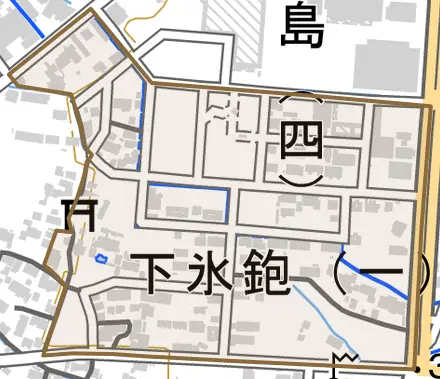下氷鉋とその周辺の地図。町の範囲を重ねている