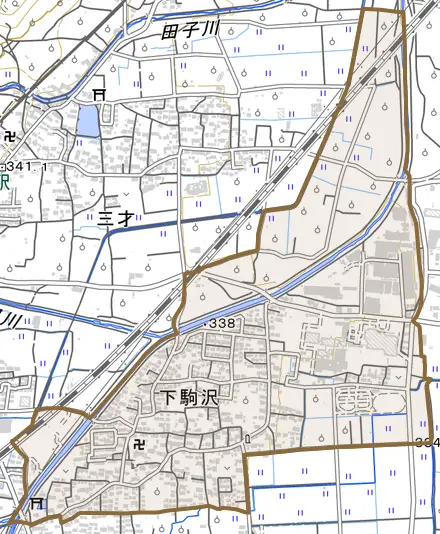 大字下駒沢とその周辺の地図。町の範囲を重ねている