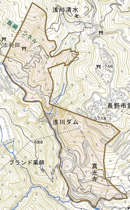 真光寺とその周辺の地図。町の範囲を重ねている