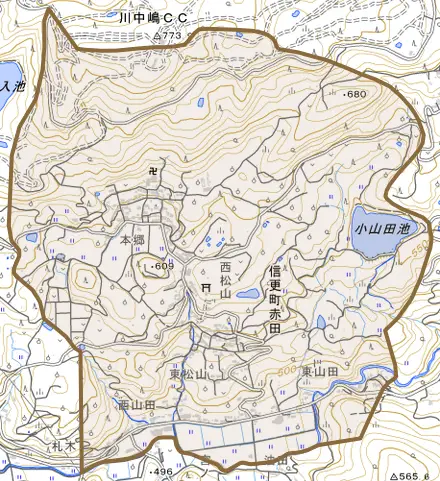 信更町赤田とその周辺の地図。町の範囲を重ねている