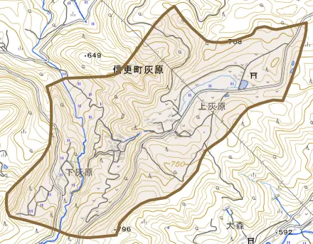 信更町灰原とその周辺の地図。町の範囲を重ねている