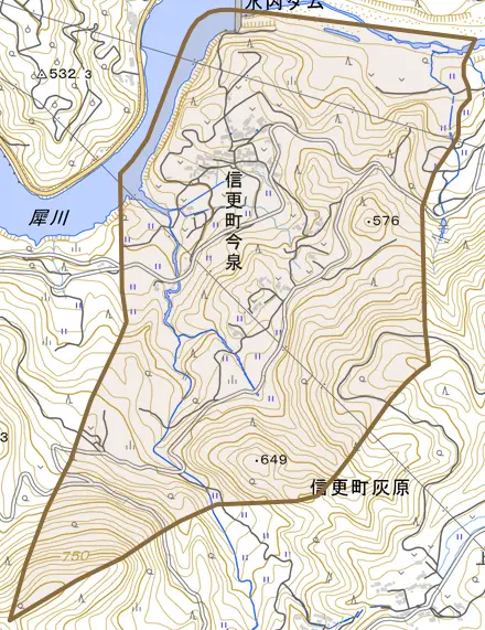 信更町今泉とその周辺の地図。町の範囲を重ねている
