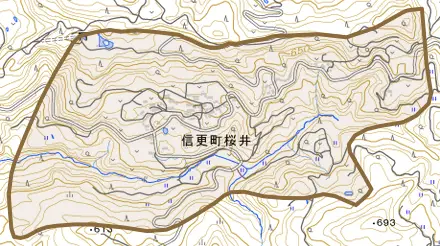 信更町桜井とその周辺の地図。町の範囲を重ねている