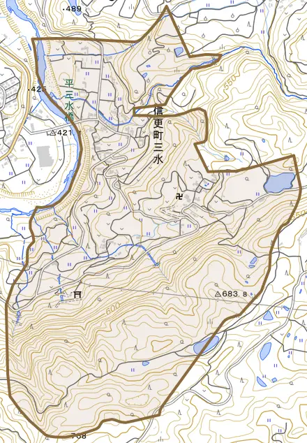 信更町三水とその周辺の地図。町の範囲を重ねている