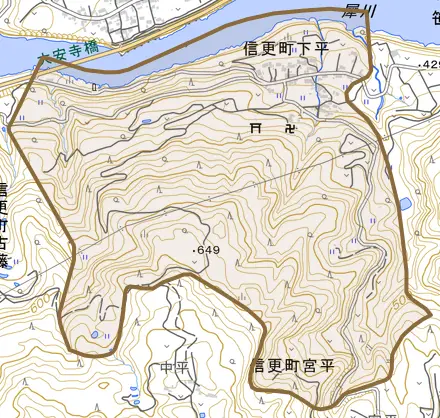 信更町下平とその周辺の地図。町の範囲を重ねている