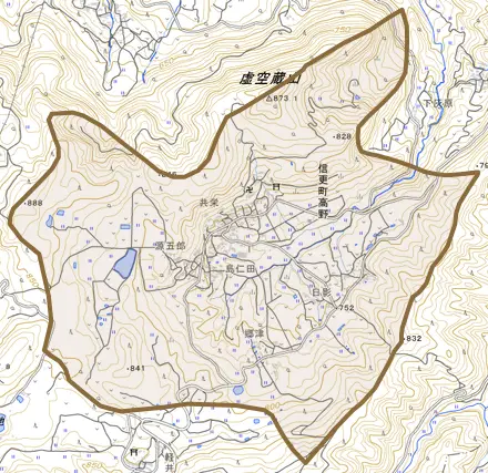 信更町高野とその周辺の地図。町の範囲を重ねている