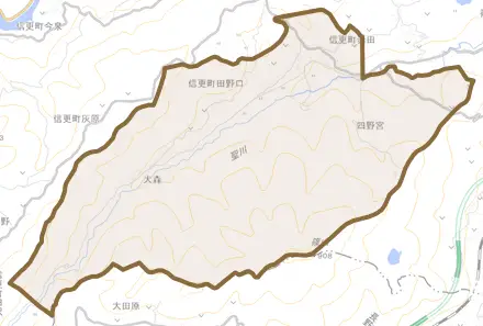 信更町田野口とその周辺の地図。町の範囲を重ねている