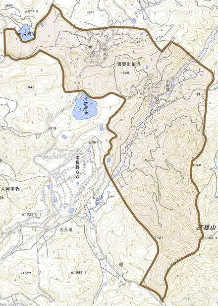 信更町田沢とその周辺の地図。町の範囲を重ねている