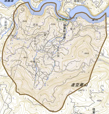 信更町吉原とその周辺の地図。町の範囲を重ねている