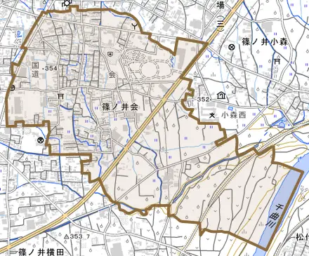 篠ノ井会とその周辺の地図。町の範囲を重ねている