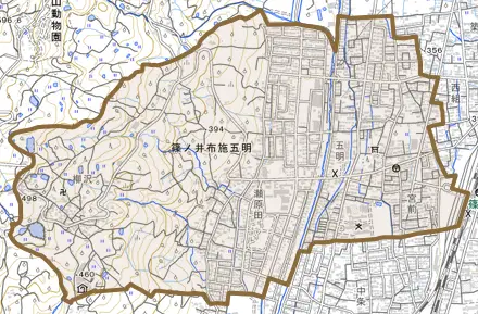 篠ノ井布施五明とその周辺の地図。町の範囲を重ねている