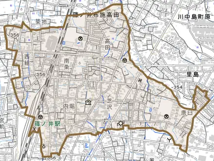 篠ノ井布施高田とその周辺の地図。町の範囲を重ねている