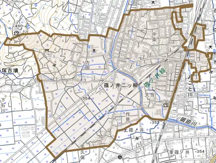 篠ノ井二ツ柳とその周辺の地図。町の範囲を重ねている