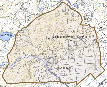 篠ノ井石川とその周辺の地図。町の範囲を重ねている