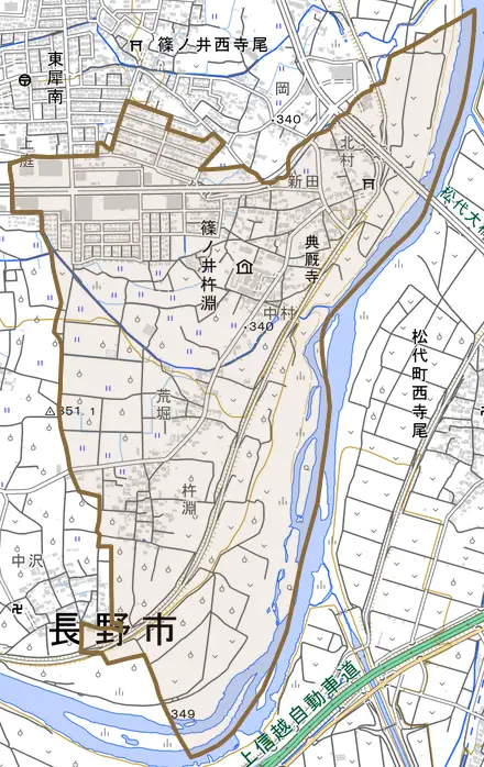 篠ノ井杵淵とその周辺の地図。町の範囲を重ねている